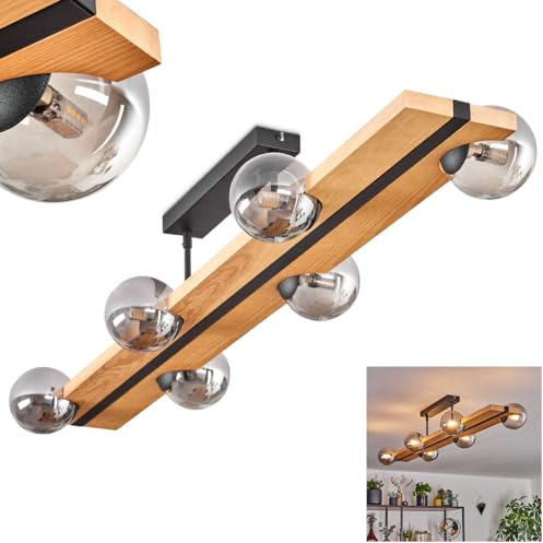 HOFSTEIN Deckenleuchte Chehalis, Deckenlampe aus Metall/Holz/Glas in Schwarz/Natur/Rauch, Leuchte im Retro/Vintage-Design mit Glasschirmen (Ø 10cm) und Holzbalken, G9, Esszimmer, Wohnzimmer, Küche