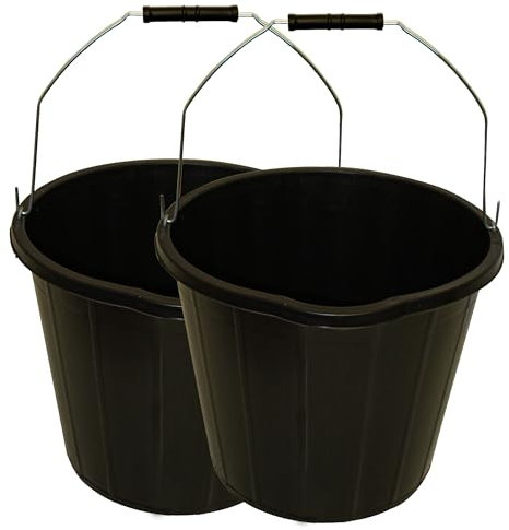 KMJ 2 Pack 14L- 3 Gallon Heavy Duty Black Builders' Bucket, Sturdy Car Wash Bucket with Handles, Premium Black Plastic Water Buckets for Cleaning, Construction Work, Animal Feeding, Gardening etc.
