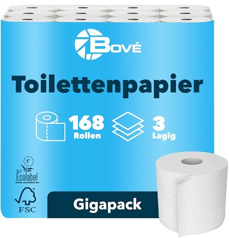BOVE Papier toilette 3 couches 168 rouleaux de papier toilette - 250 feuilles par rouleau - Extra doux, résistant et absorbant - Certifié FSC et Ecolabel UE - Excellent rapport qualité-prix