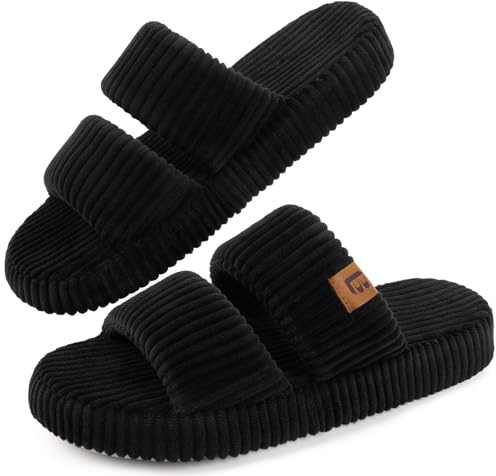 LongBay Women's Memory Foam Open Toe Slippers Lightweight Bedroom Comfy Indoor House Shoes Black, 5-6