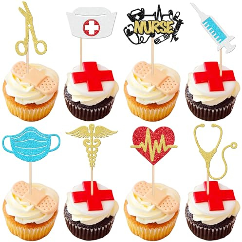 SYKYCTCY 32 Pack Nurse Cupcake Toppers Happy Nurse Week Nursing School Graduation 2026 Cupcake Picks Thank You for Medical Nurse Themed Birthday Party Cake Decorations Supplies