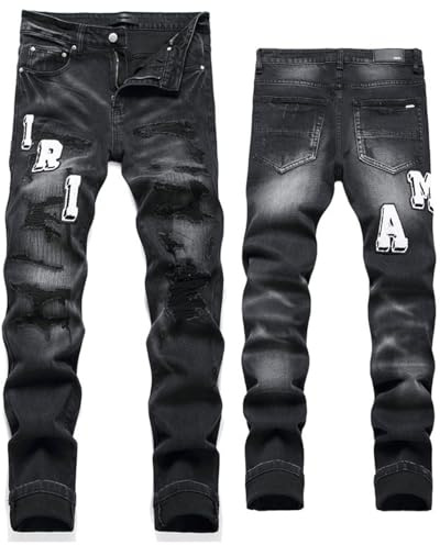 Jeans Strappati Uomo Stretti Pantaloni in Denim Slim Fit Vita Alta Jeans Uomo Elasticizzati Ricamo Casual Hip-Hop Ragazzo Regalo