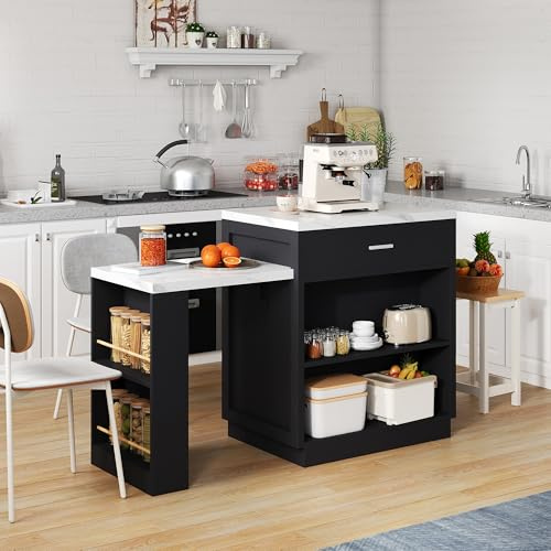 Aunvla Isla de cocina con mesa de comedor extensible para 4-6 personas, mesa de cocina bicolor con enchufe, armario de almacenamiento, 2 cajones, 2 estantes abiertos a los lados