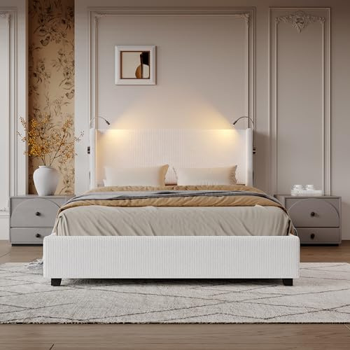 Yeutre Lit 140 x 200 avec Sommier Coffre, Lit Deux Place Rembourré avec Liseuse, Fonction de Charge USB et Fonction de Rangement Hydraulique, Lits et Cadre de Lits pour Adulte et Adolescents,Velours
