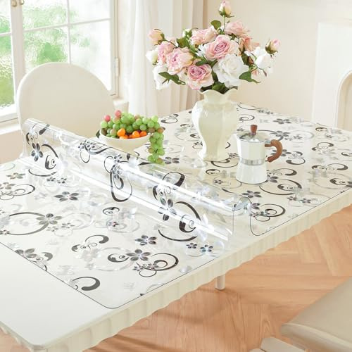 Tischfolie Transparent mit Blumenmuster 80 x 80 cm, 2mm Transparente Tischdecke Tischschutz, PVC Glasklar Folie Tisch Schutzfolie, Wasserdicht Schutztischdecke, Tisch Schutzfolie