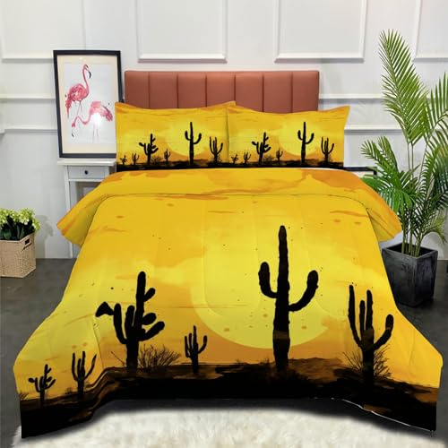 DLERFLOVR Edredón Relleno Nórdico 4 Estaciones Cama 150 220x240cm - Edredón Silueta De Cactus Nórdico de Fibra Paisaje del Viejo Oeste Suave Transpirable para Invierno, Primavera y Otoño, Amarillo