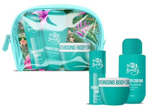 New Sol Beauty Mini Bag 3 Piece Gift Set– Vanilla & Coconut Scent – Includes Fragrance Mist 50ml, Shower Cream 100ml & Body Cream 50ml – Travel Size Body Care Essentials -A31