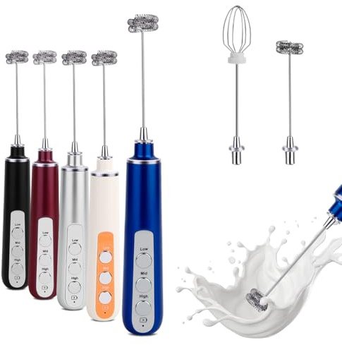 Mousseur à lait électrique à main, rechargeable par USB, 1 tête de moussage de lait, 1 tête d'agitation, convient pour matcha, café, latte, cappuccino, chocolat chaud (bleu)