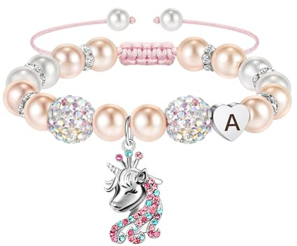 RMMD Einhorn Geschenke Einschulung für Mädchen - Einhorn Armband Kinder Herz Anhänger Armband mit Buchstaben A Freundschaftsarmbänder Geburtstagsgeschenk Einschulung Geschenke für Mädchen 5-12 Jahre