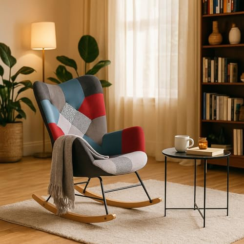 MEUBLE Cosy Relaxsessel, Bequemer Schaukelstuhl, Schaukelsessel für Wohnzimmer aus Stoff Patchwork mit Holz und Metallfüßen