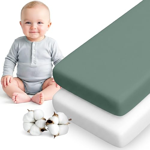 Dreamzie - 2er Set Spannbettlaken 70x140 cm Babybett - Baumwolle | Salbei/Weiß · 70x140 cm · Kinderbett · Soft · Atmungsaktiv · Oeko-Tex