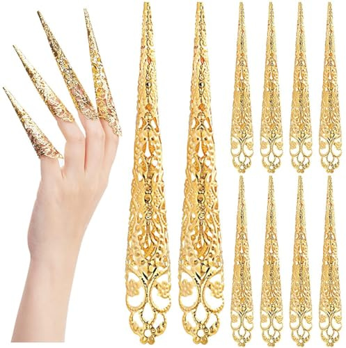 Anillos de garra dorados, 20 piezas de la reina antigua Consejos de uñas de vestuario para cosplay de Halloween, espectáculos de baile y drama