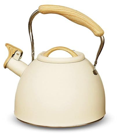Wasserkessel Induktion 3L Cremig Teekessel mit Automatischer Pfiff, 201 Edelstahl-Teekanne, Flötenkessel mit Holzmasergriff für Induktionsherd, Gasherd und Elektroherd, Pfeifkessel, Teekanne (Beige)