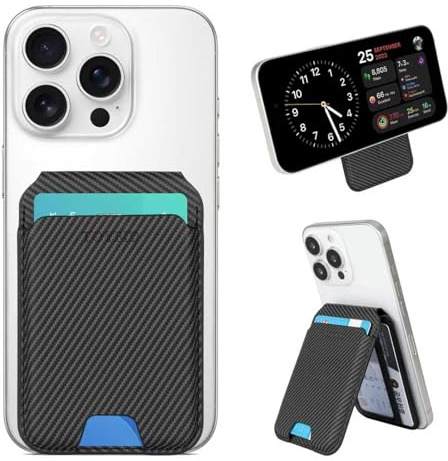 TOYFID Carbon Fiber Black Magnetic Card Holder, RFID Phone Stand Wallet | Bifold card case with ID window, holds 5 cards. Magnetic mount works as phone stand. Secure RFID protection for daily carry.