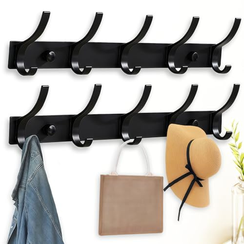Arimsoa 2 Pack Coat Rack Wall Mounted, Metal Coat Hanger with 5 Hooks Heavy Duty Wall Coat Hooks Rust-Free Clothes Hanger for Robe and Clothes (Black)