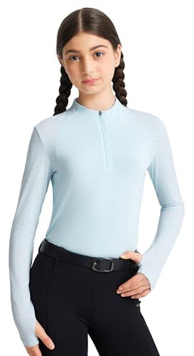 FitsT4 Sports Girls Long Sleeve Equestrian Shirt Summer Breathable Horse Riding Shirts Half Zip Horseback Show Shirt Athletic Tops Light Blue XS