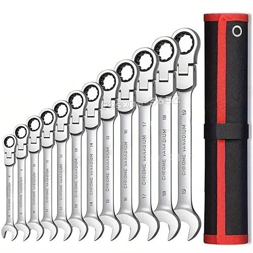 12PCS Ratchet Spanner Set – Flexible Gear Wrench Combo, Chrome Vanadium Steel, Multi-Angle Open & Closed End, Durable Hand Tool Kit for Mechanics & DIY