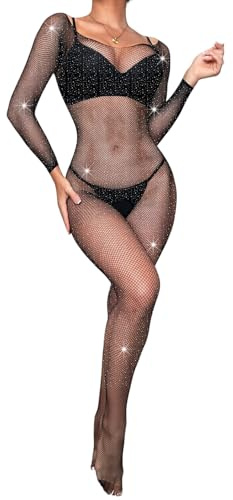 Women's Sexy Fishnet Bodystocking Sparkle Rhinestone See Through Full Body Lingerie Long Sleeve Mesh Bodysuit Glitter Crystal Body Stockings One Piece Naughty Nightwear