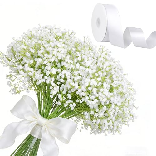 Gansdnek 20 Stück Schleierkraut Künstlich, 29 cm Künstlich Gypsophila, Weiße Künstliches Schleierkraut, Artificial Schleierkraut mit 22M Satinbänder für Brautstrauß Hochzeit Zuhause Deko