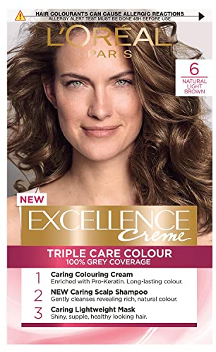 L'Oréal Paris Excellence Crème Permanent Hair Dye, Radiant At-Home Hair Colour with up to 100% Grey Coverage, Pro-Keratin, Up to 8 Weeks of Colour, Colour: 6 Natural Light Brown