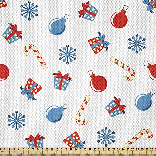 ABAKUHAUS Weihnachten Stoff als Meterware, Noels Icons Geschenke, Seidiger Satin Stoff Zum benähen von Heimtextilien, 2M (148x200cm),Scharlachrot Beige Blau