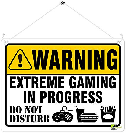 Kruzroyal Funny Gaming Metal Wall Sign, Extreme Gaming In Progress Warning Plaque Gift, Do Not Disturb Retro Tin Decor for Bedroom or Game Room, 20x15cm with Hanging String