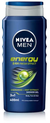NIVEA MEN Shower Gel Energy (6 x 400ml), Energizing Body Wash with Mint Extract, All-in-1 Shower Gel for Men, Strong NIVEA Men Shower Gel with Fresh Masculine Scent
