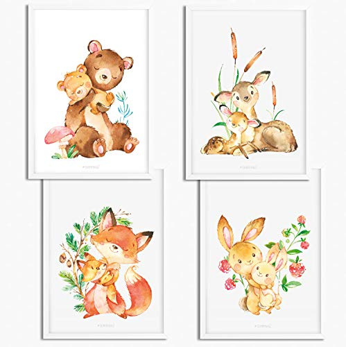 Sunnywall® 4er Set Poster Kinderzimmer - A4 Bilder Babyzimmer Kinderposter | OHNE Bilderrahmen | - Deko Mädchen Junge | Waldtiere Bär Fuchs Bambi Reh Hase