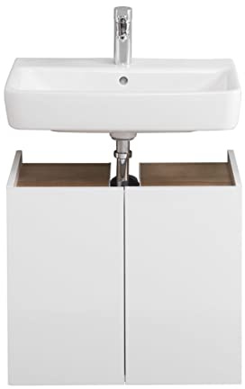 Pelipal Waschbeckenunterschrank Quickset 947 in Weiß Glanz/Rivera Eiche quer Nachbildung, 60 cm breit | Waschbeckenschrank ohne Waschbecken mit 2 Türen