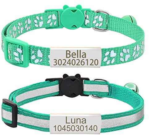 Senristar Personalisierte 2 Pack Reflektierende Katze Halsband, Benutzerdefinierte Breakaway Halsbänder Mit Namensschild und Glocke, Anti-Verlust Namensschild für Mädchen & Jungen
