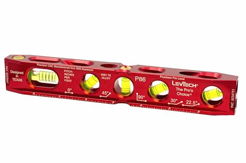 LEVTECH®, The PRO’s CHOICE®, PLUMBER’s XTREME® P86 Torpedo Level – 5 Replaceable Vials (0°, 22.5°, 30°, 45°, 90°) + Slope + Bullseye Vial | 4 V-Groove Rare Earth Magnets | 8.25x 1.25x .875 @ 6.4oz