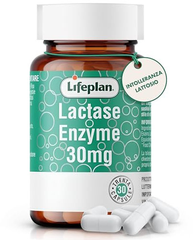 LifePlan Lactase 30mg Integratore Fermenti Lattici Probiotici con Enzimi Digestivi Lattasi e Riso Integrale contro Gonfiore Addominale e cattiva Digestione. Vegan, Senza Glutine (30 capsule)