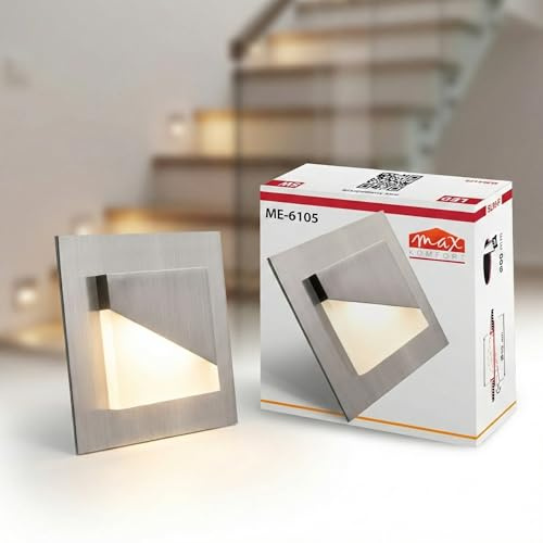 Maxkomfort LED Treppenbeleuchtung 230V Warmweiß 1,5W Eckig Eisen-Gebürstet Treppenleuchte Wand Einbauleuchte Treppenlicht Flurleuchte Nachtlicht 80x80mm 6105