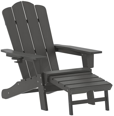 Flash Furniture Newport Adirondack Stuhl mit Getränkehalter und ausziehbarer Ottomane, Allwetter-HDPE Indoor/Outdoor Lounge Chair, Kunststoff: Polyethylen, GRAU, Set of 1