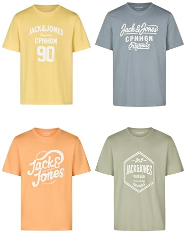 Jack & Jones JJLINO Camiseta, Paquete de 4 Unidades, Cuello Redondo, Manga Corta, Corte Regular, Estampado de Verano, 100% algodón, Paquete de 4, S
