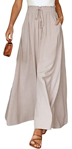 ASKSA Damen Breites Bein Hose Sommer Hohe Waist Plissee Hosen Elegante Einfarbig Leicht Hosenrock Sommerhose mit Tasche Freizeithose