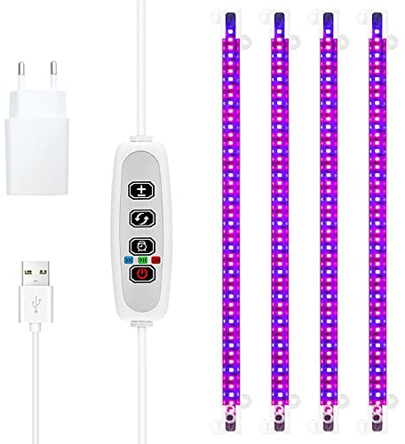 Bande lumineuse de croissance des plantes - LED - 430 nm + 660 nm - Lumière rouge et bleue - Minuterie 3/9/12 heures - Mode 4 interrupteurs - Lampe de croissance pour plantes succulentes - 4 tubes -