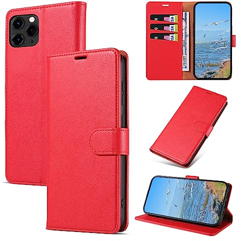 KKEIKO Hülle Kompatibel mit iPhone 11 Pro, Magnet Klappbar Handyhülle mit Kartenfach, PU Leder Stoßfest Schutzhülle für iPhone 11 Pro, Rot