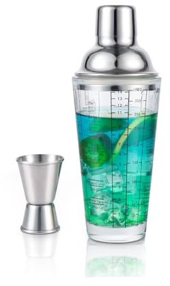 Ailelan Glass Cocktail Shaker with Strainer, 14oz Martini Shaker with 6 Recipes On Side, Clear Drink Shaker Bottle with Measurements, Bar Shakers Set Bartender Kit for Mixing Cocktail, Margarita | Ailelan Glass Cocktail Shaker with Strainer, 14oz Martini Shaker, Clear Drink Shaker Bottle, Bar Shakers Set Bartender Kit