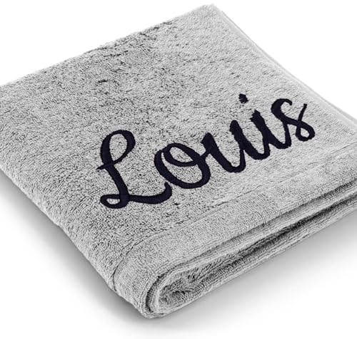 Cawö Premium Handtuch Mit Namen Oder Wunschtext Bestickt, Personalisiert, Individuell, 100% Baumwolle, 50 x 100 cm Grau