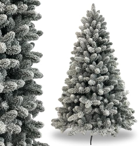 Albero di Natale Innevato 210 cm, Realistico e Super Folto, 1163 Rami con Apertura ad Ombrello, Abete Artificiale Ignifugo, In PVC, Verde e Bianco, Facile da Montare, con Base in Metallo