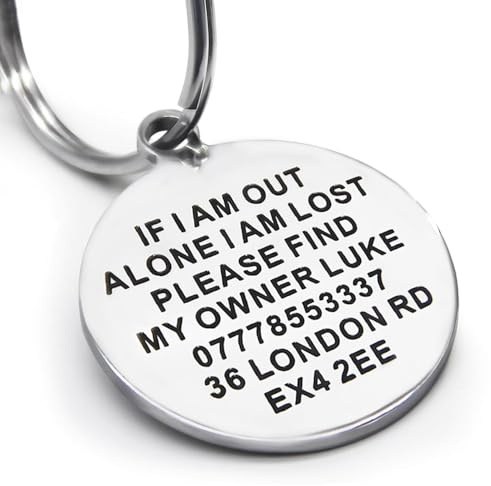 Personalised Engraved Dog Tags for Pets UK Prime, Double Side Stainless Steel Dog ID Name Tag for Dog Cat Puppy Kitty (Round-Silver)
