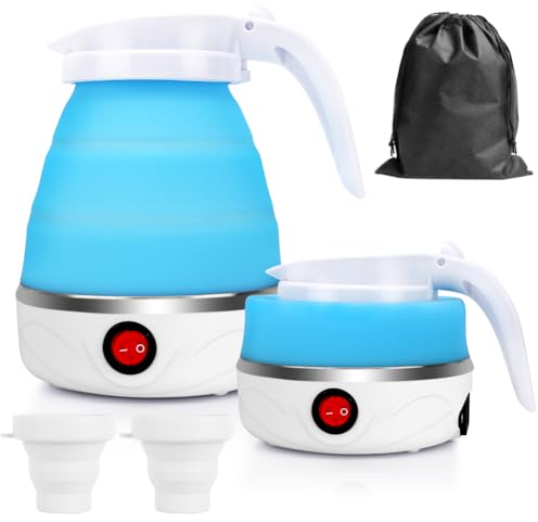 RANJIMA Wasserkocher Faltbarer Elektrisch, 0.6L Camping Faltbarer Wasserkessel Mini Wasserkocher für Unterwegs, Klein Silikon Reisewasserkocher mit 2 Faltbaren Becher für Reisen, Outdoor, Urlaub