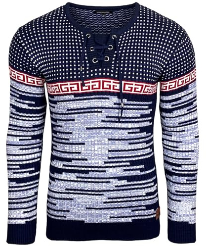 Subliminal Mode Jersey de punto para hombre, con cuello en V, con cordones, estilo básico de corte ajustado, jersey de punto de invierno de mangas largas BX52156, azul marino, S