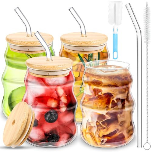 BUOAZR 4 Pezzi Latte Macchiato Bicchieri in Vetro Ondulato 530ML, con Coperchio e Cannuccia, per Tè, Birra, Latte, Caffè, Cocktail