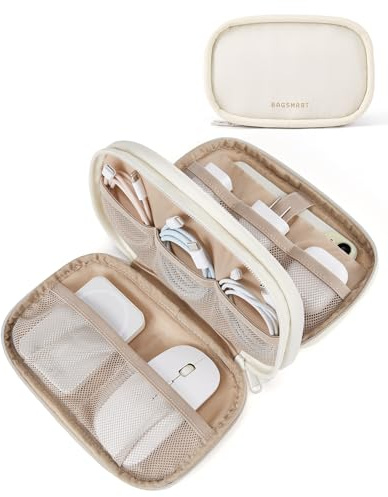 BAGSMART Organizador de cables, bolsa organizadora de cables de viaje, A-Doble capa beige, Small, Hinchado