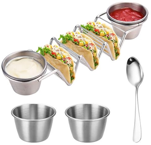 Greyoe 1 supporto Taco per hot dog, supporto per hot dog in acciaio inox, per hot dog, panini, frittelle e nehr, viene fornito con bicchieri bianchi per salsa, cucchiaio da dessert