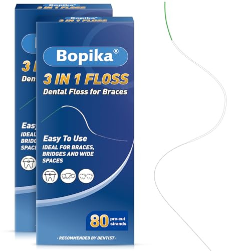 Bopika Dental Floss for Braces, 3 in 1 Ultimate Floss, Floss Threaders for Bridges and Implants, 80 Pre-Cut Strands (Pack of 2)