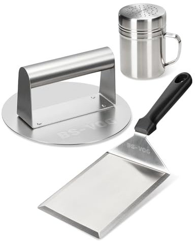 BS-VOG Kit Smashed Burger con Smashed Burger Press 6,2, Spatola & Spargipolvere – Set di Accessori da Cucina in Acciaio Inox per Carne, Pancetta & Pressa per Hamburger