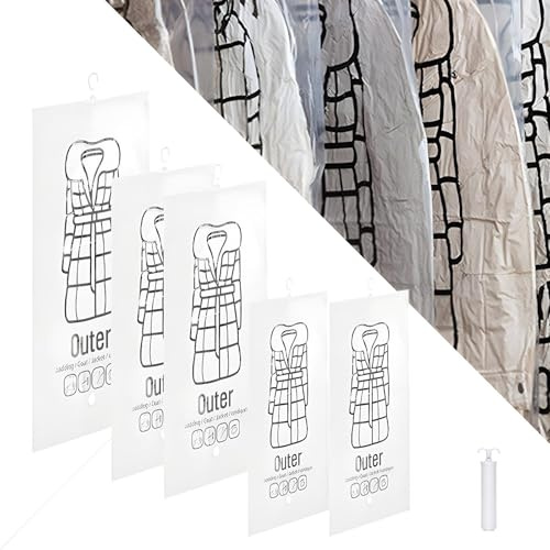 5 Pack Vacuum Storage Bags Reusable Vacuum Sealer Bags Space Saving Compression Bag with Clothes Hanger with Airtight Valve and Hand Pump